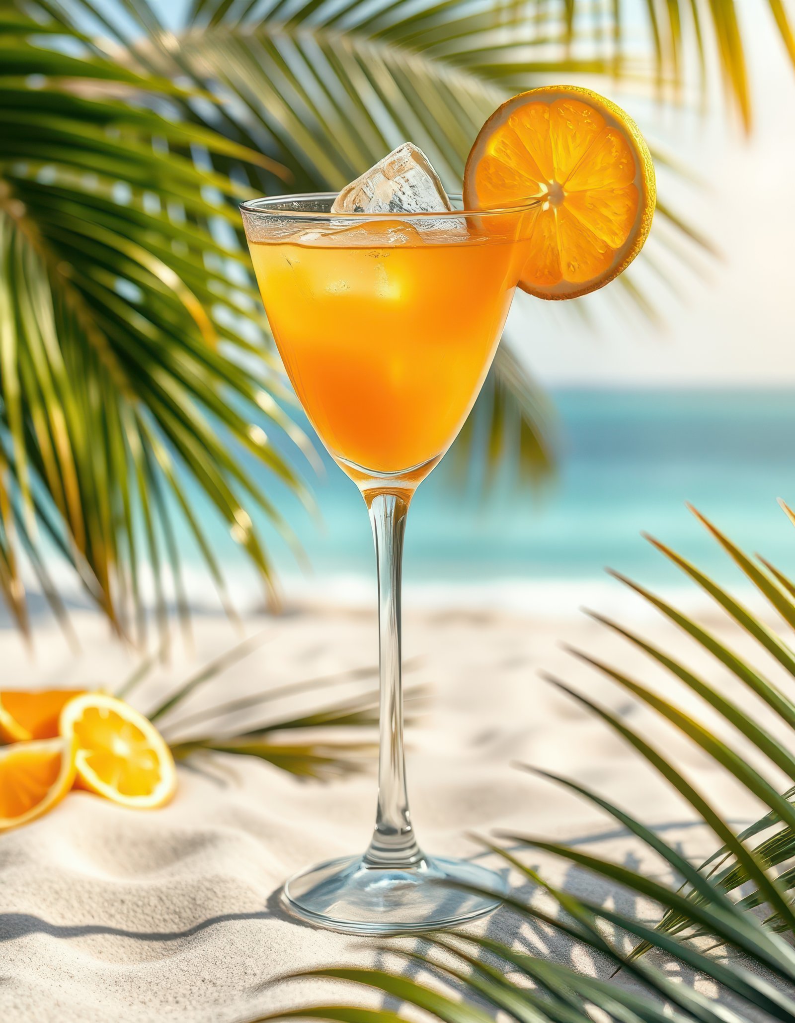 Refreshing citrus cocktail served on a sunny beach surrounded by tropical palm leaves